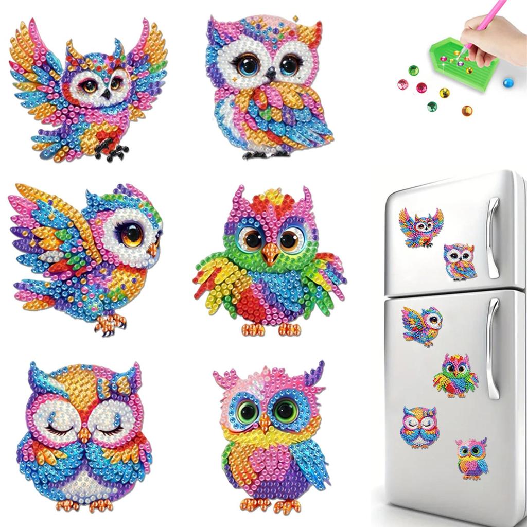 6Pcs DIY Fridge Stickers Acrylic 2D Flat Animal Diamond Art Fridge Magnet Diamond Painting Fridge Magnet for Adults Beginners