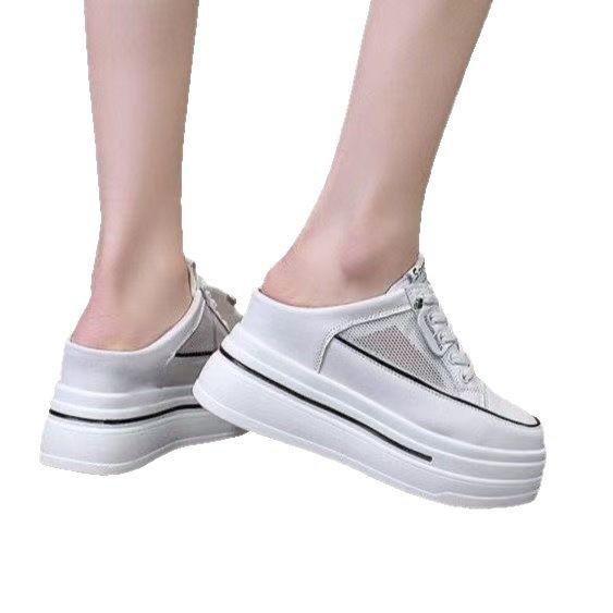 Women's Mesh Bread-Toe Slip-On Shoes: Thick Sole, Summer Style, No Heel, 8CM Height Boost, Half-Slip, White.