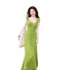 French green small flying sleeve floral dress women's summer 2026 new unique super good-looking waist and thin dress