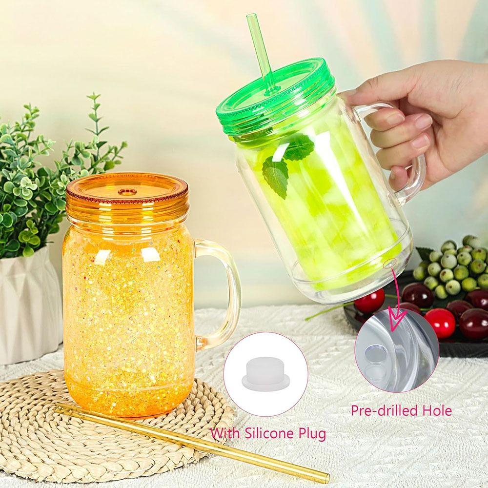 NEW 20 Oz Capacity Snowglobe Tumbler Double Wall Pre Drilled Hole Snow Globe Cups Clear Plastic Mason Jars Party Favors