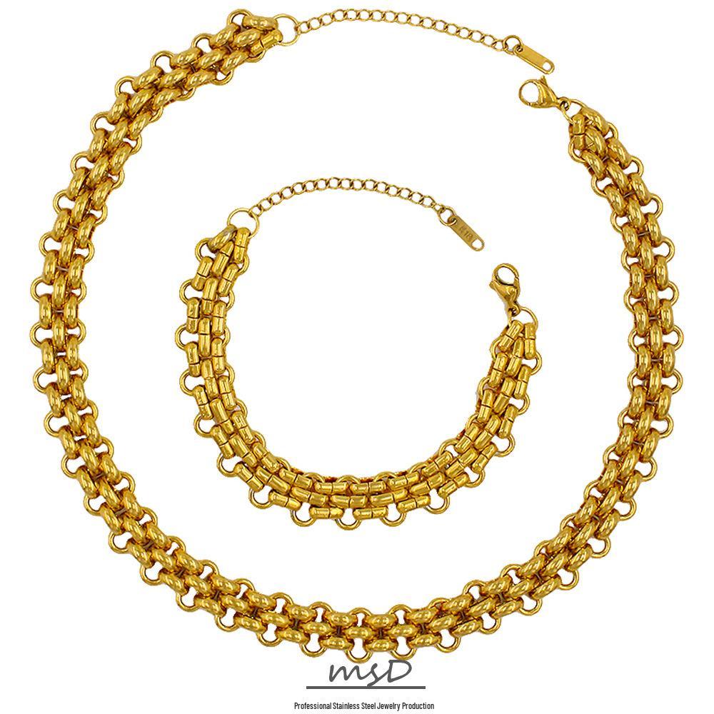 18K Goldplattierter Titanstahl Geflochtene Halskette Armband - Damen Cross-border Hip Hop Schlüsselbein Kette mit Vakuum Farbhaltigkeit