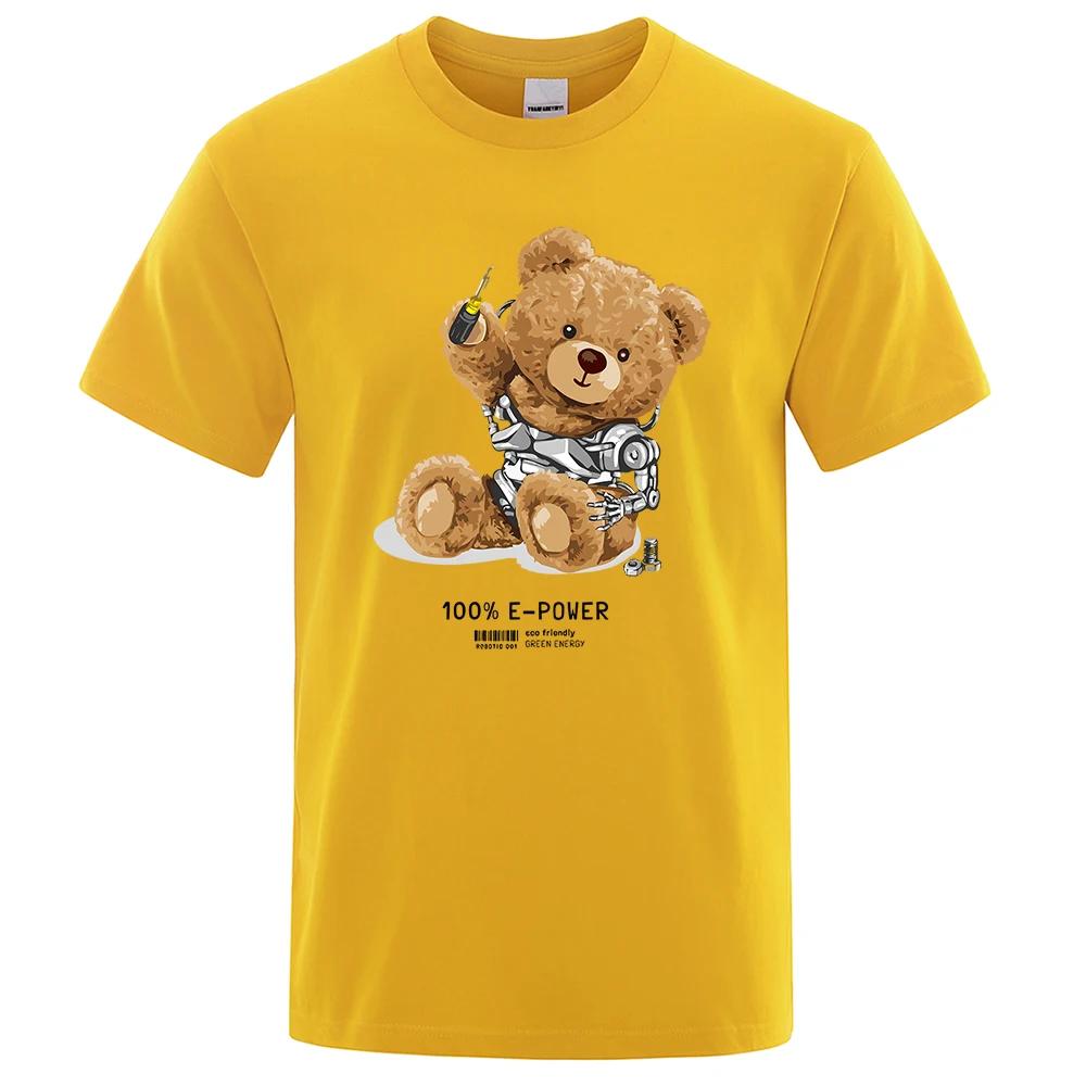 Sitting Machine Bear Cartoon Prints Funny T-Shirt Men Loose Cotton Clothing Crewneck Breathable Casual T Shirt Oversized Tees