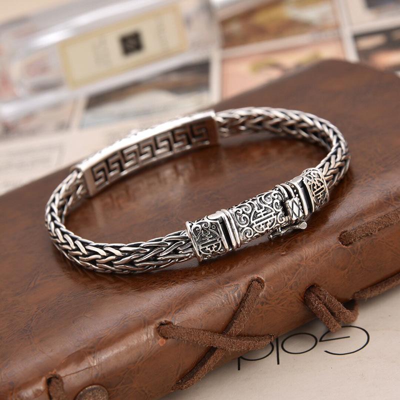 2026 Silver Country Trendy Black Diamond Men's Woven Fashion Retro Bracelet