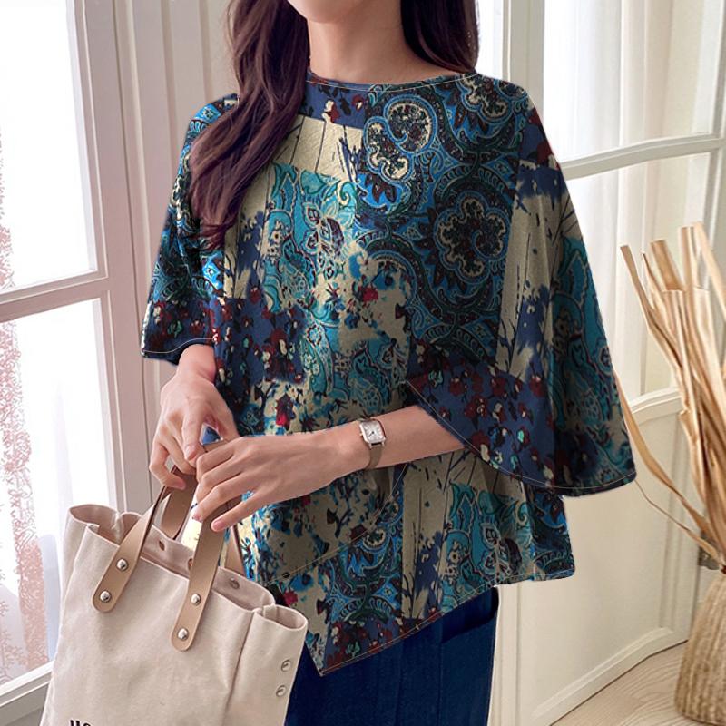 

ZANZEA Женская повседневная блузка из хлопка с этническим принтом, с круглым вырезом и рукавами долман 2XL