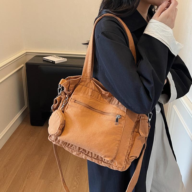 Large Capacity Tote Bag Canvas Bag Solid Color Student Crossbody Bag