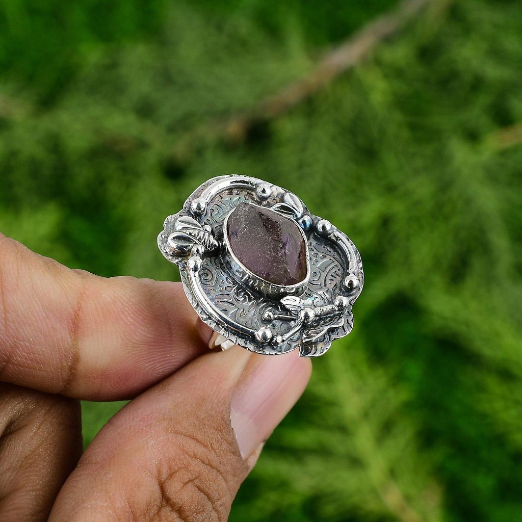 925 Sterling Silver African Amethyst Rough Gemstone Boho Stackable Artisan Ring