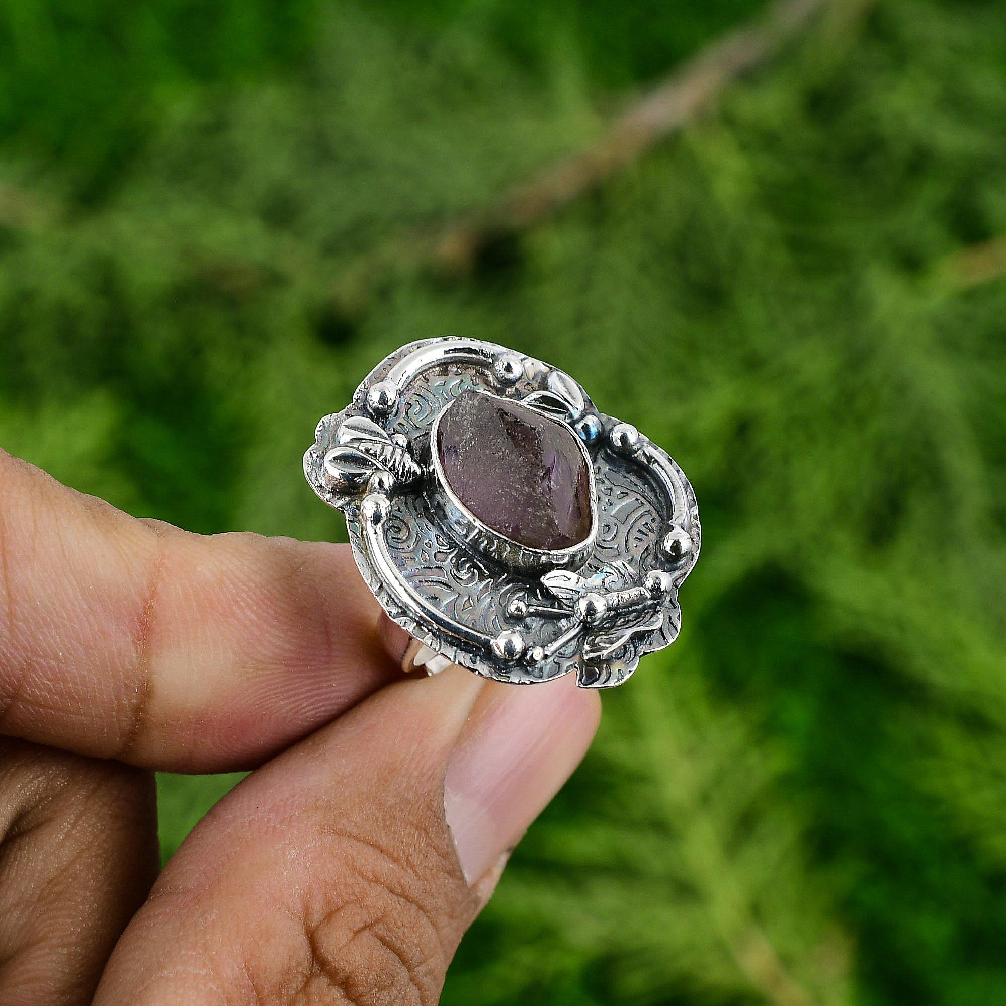 

Кольцо из стерлингового серебра 925 пробы с необработанным африканским аметистом, в стиле бохо, штабелируемое, ручной работы Adjustable