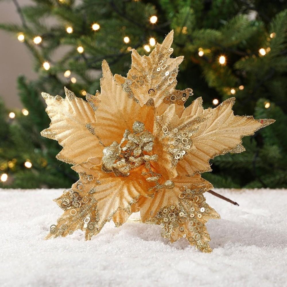 New 26CM Artificial Poinsettia Flower Glitter Sparkling Simulation Flowers Sequins Christmas Glitter Flower New Year Festival