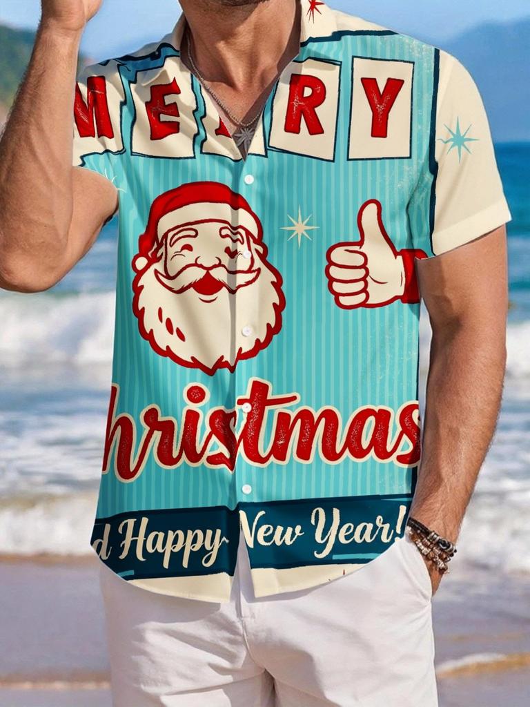 Men's Christmas Themed Short-Sleeve Hawaiian Shirt, Polyester Material, Comfortable and Breathable Fabric, Lapel Collar, 3D Digital Print with Full