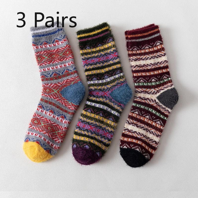 3 Pairs of Women's New Winter Bar Imitation Ferret with Thick Warm Rabbit Wool Tube Socks