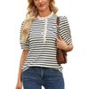 Women Casual Loose Striped Ruffled Collar Short Sleeve T Shirt Top