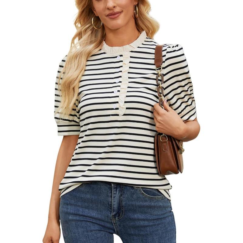 Women Casual Loose Striped Ruffled Collar Short Sleeve T Shirt Top