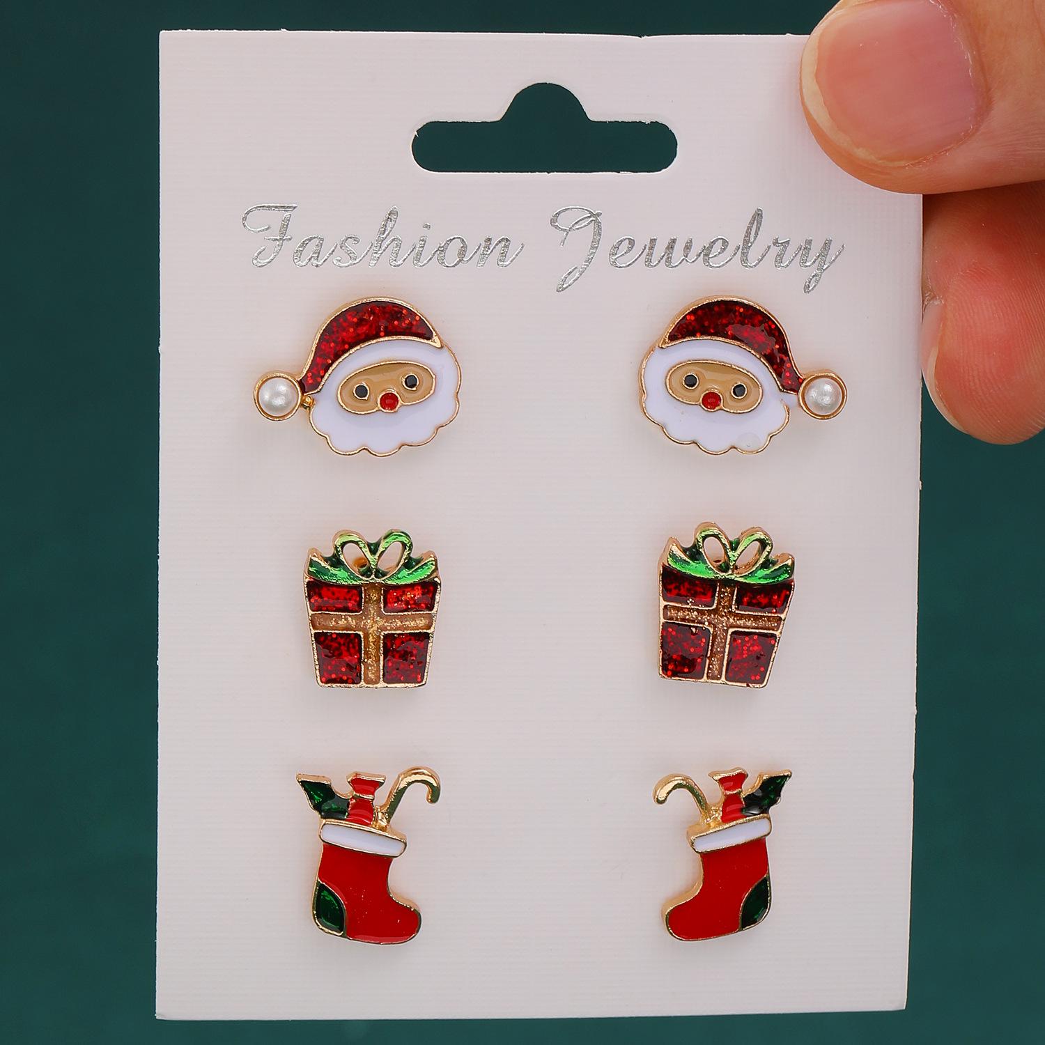 Christmas Stud Earring Set: Santa, Snowflake, Tree, Reindeer, Bow, Rhinestone Embellished for Women