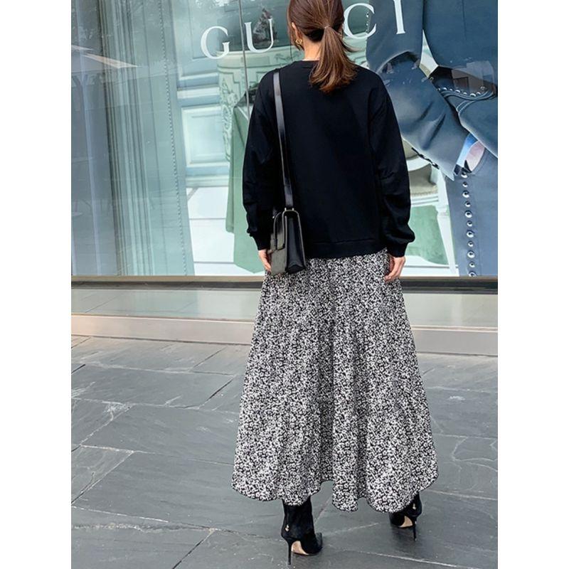 Korean Style Plus Size Women's Clothing Chubby Girl Black Round Neck Long Sleeve Sweater T-shirt Stitching Floral Large Swing Fake Two-Piece Dress
