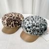 New Winter Fashion Fur Leopard Print Leather Edge Patchwork Octagonal Hats for Women and Face and Small Temperament Mohair Newsboy Hats