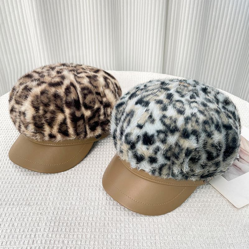 New Winter Fashion Fur Leopard Print Leather Edge Patchwork Octagonal Hats for Women and Face and Small Temperament Mohair Newsboy Hats