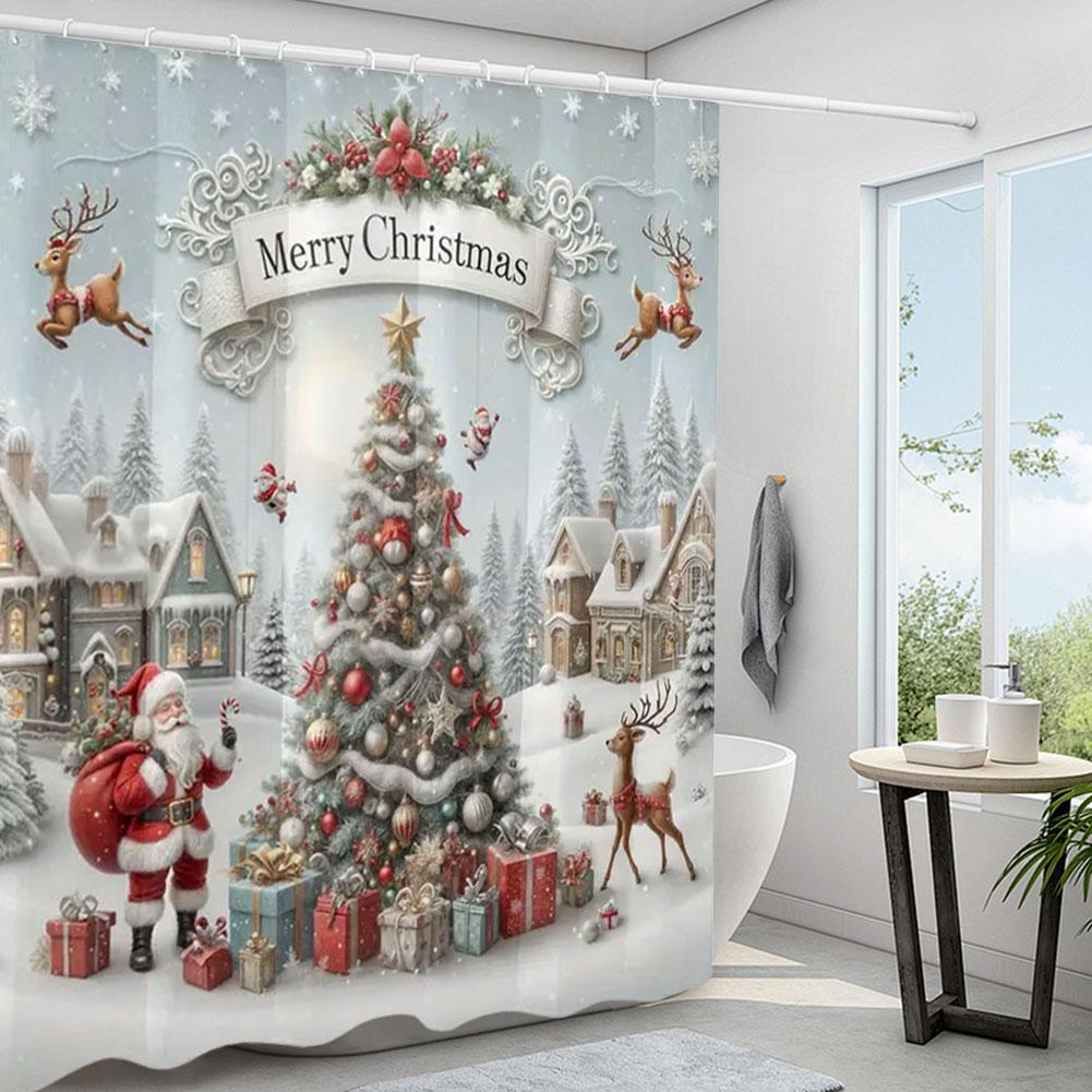 Christmas Shower Curtain Machine Washable Bathtub Curtain with Non-Slip Rugs Toilet Lid Cover and Bath Mat for Bathroom Decor