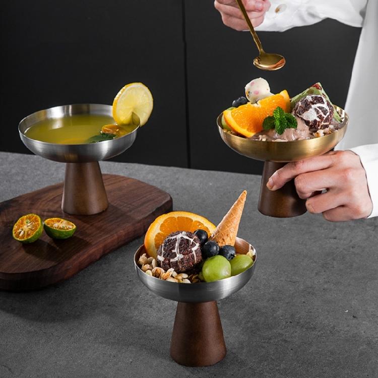 Wood Base And Stainless Steel Dessert Holder Elegant Serving Cup For Ice Cream Fruit Salad And Snacks