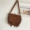 Western Tassel Crossbody Bag Korean Ethnic Style Handbag Sweet Brown Saddle Bag  Office Worker