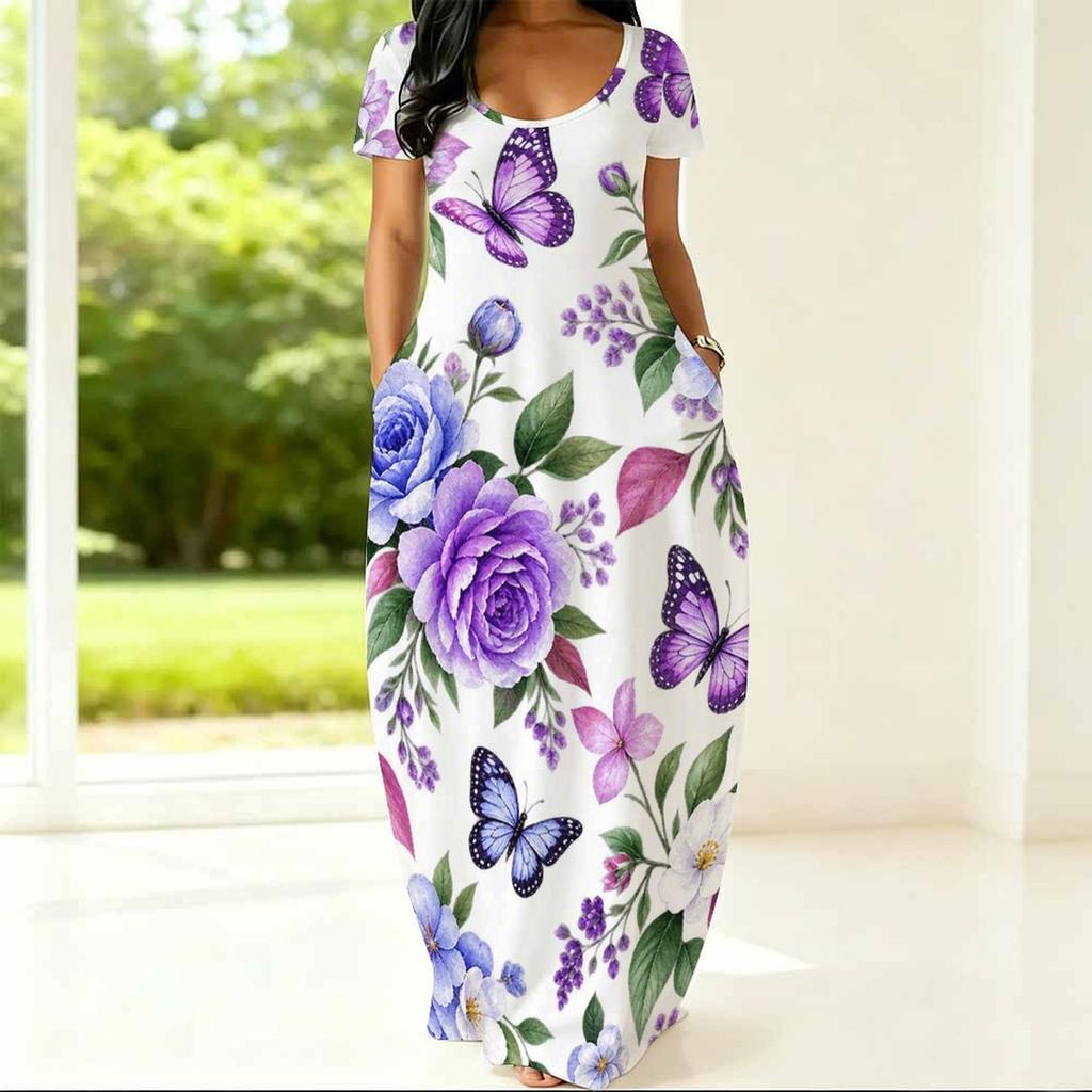 Women Plus Size Round Neck Short Sleeve Floral Printed Side Pockets Loose Maxi Dress
