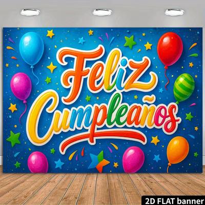 2D Happy Birthday Feliz Cumpleaños Backdrop - Colorful Stars & Balloons Banner for Kids Birthday Party Decoration