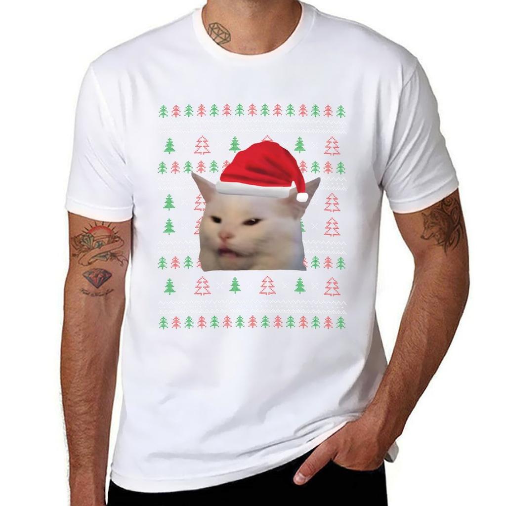 WoUnisex Yelling At Cat Ugly Christmas Sweater Funny Memes T-Shirt Streetwear Print Tee Shirt