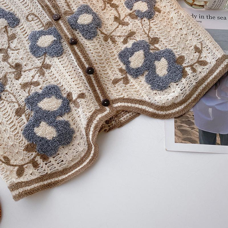 Retro Heklet Hul Ut V-hals Vest Dame Koreansk Broderi Mote Enkeltspent Ermeløs Vest Fransk Casual Overbekledning Topper