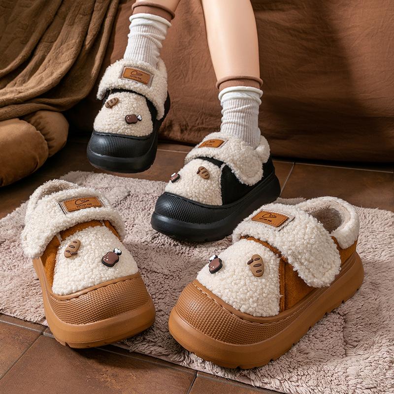 Retro lamb wool bag heel cotton slippers autumn and winter thick-soled velvet warm outer wear non-slip snow cotton shoes