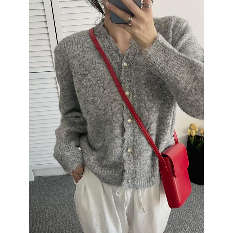 Sweet Lace V-Neck Women's Cardigan Sweater - 2026 Autumn/Winter Korean Style 3D Crochet Knit Outerwear