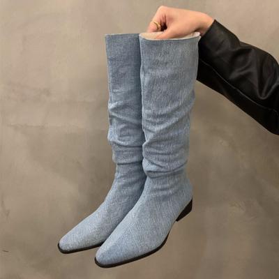 Fashion Pointed Toe High Boots Women Mid Heels Suede Chunky Cotton Shoes Woman 2024 Trend Goth Chelsea Knee High Pumps Shoes Botas Mujer