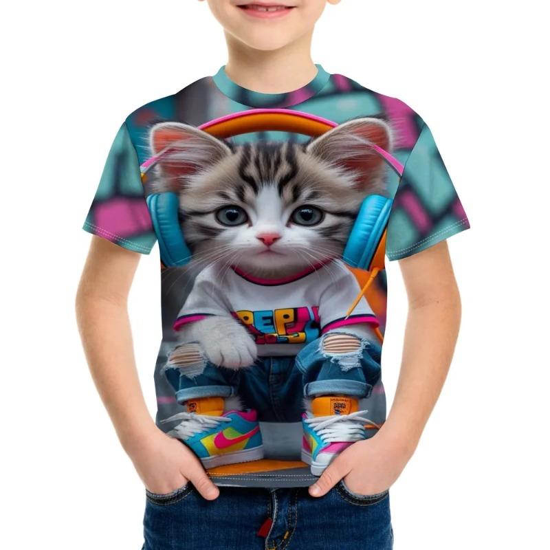 Camiseta de Verano para Niños con Estampado 3D Cuello Redondo Moda Versátil Transpirable Tendencia Casual