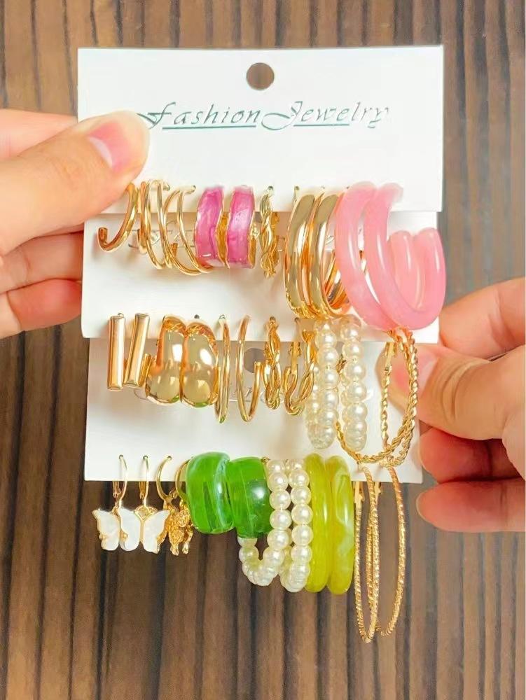 2026 Explosive Earrings Earrings Geometric Square Earrings Retro Pearl Card Set Alloy Earrings Earrings Combination