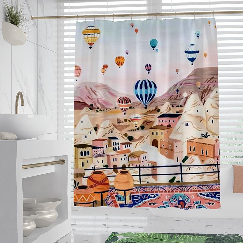 

Painted seaside buildings washable Dirt-Resistant Shower Curtain Shower Head waterproof Polyester Bath Curtain For Home Decor 90x180CM