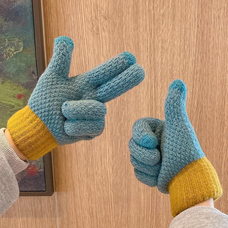 Winter Women's Cute Woolen Knitted Plus Velvet Contrasting Color Five Finger Cycling Warm and Thickened Windproof and Cold Proof Cycling Men's