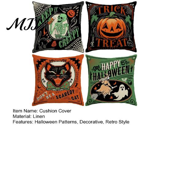 Festive Holiday Gift Ideas 4Pcs/Set Halloween Linen Cushion Covers, 18x18 Inch Retro Throw Pillow Cases, Party Decorative Accents Skeleton Pumpkin