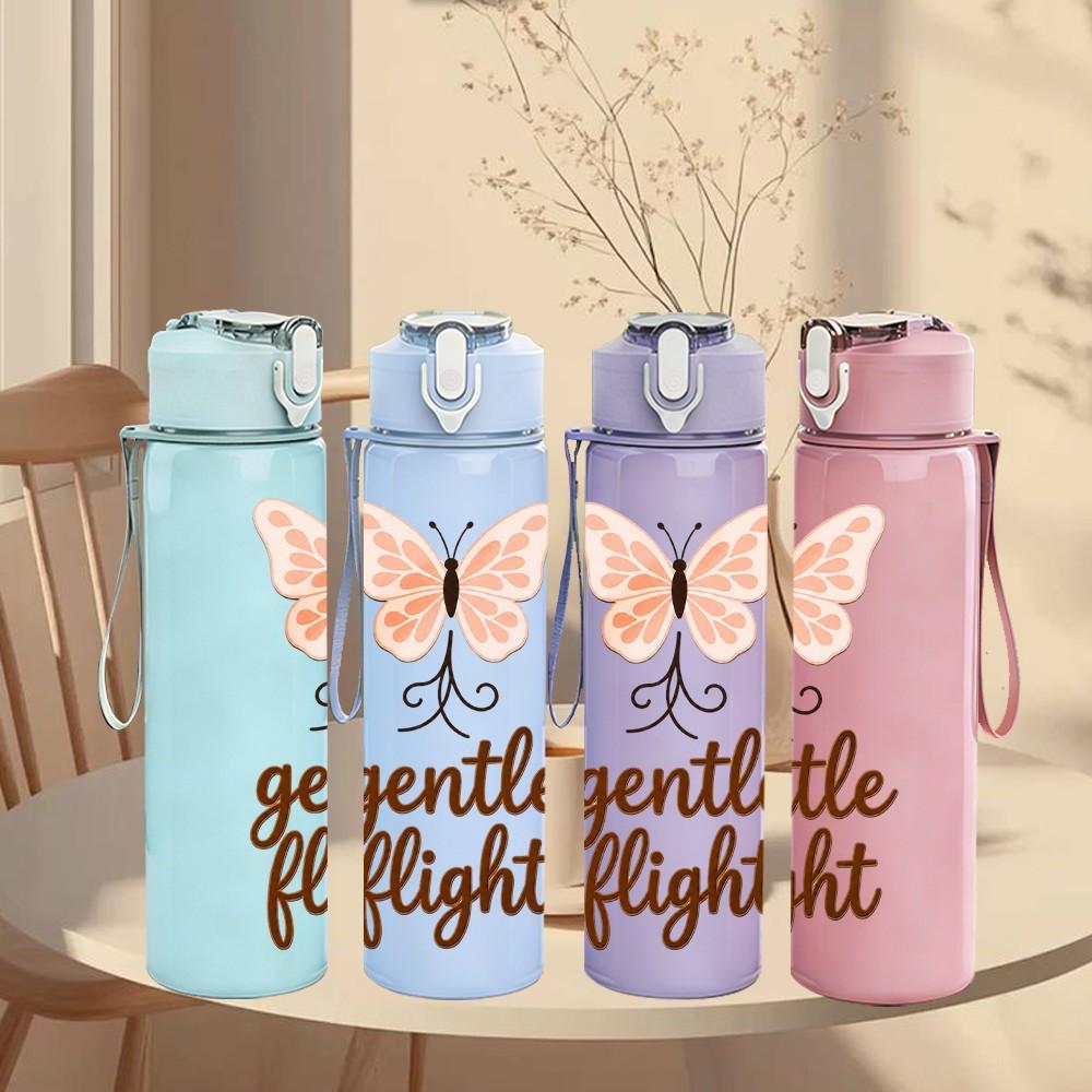 1PC Gentle Flight Butterfly Quote Art 750ml Color Plastic Sports Water Bottle Leakproof Flip Straw Lid Suitable for Sports Office Home Use
