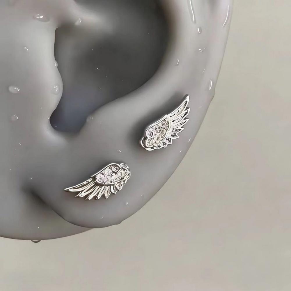 Orecchini a Bottone Moda in Acciaio Inossidabile con Ala di Zircone per Donna Uomo Colore Argento Cristallo Lucido Ali d'Angelo Creative Borchie Gioielli