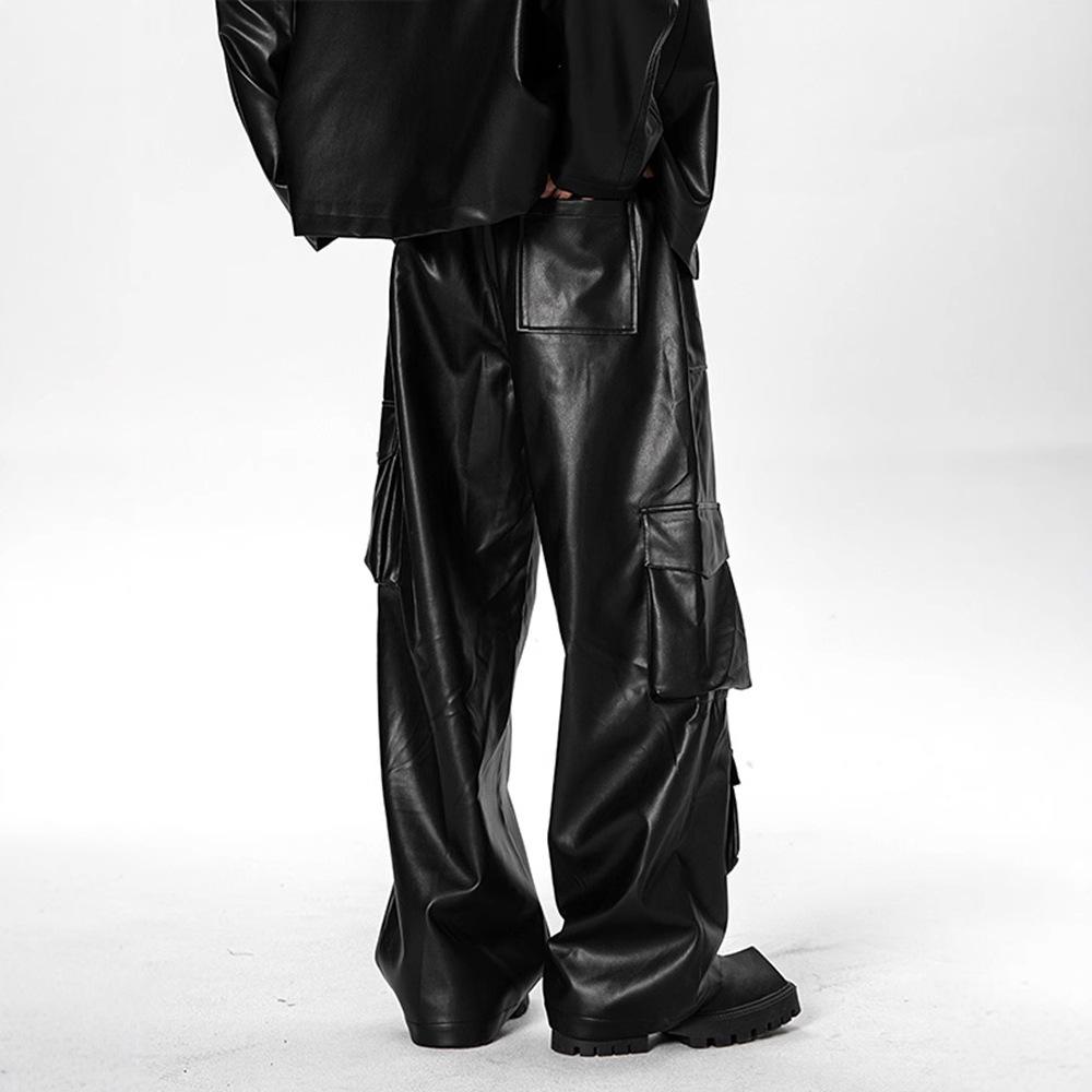 Men's Autumn West Coast Hip-Hop Punk Multi-Pocket Leather Pants