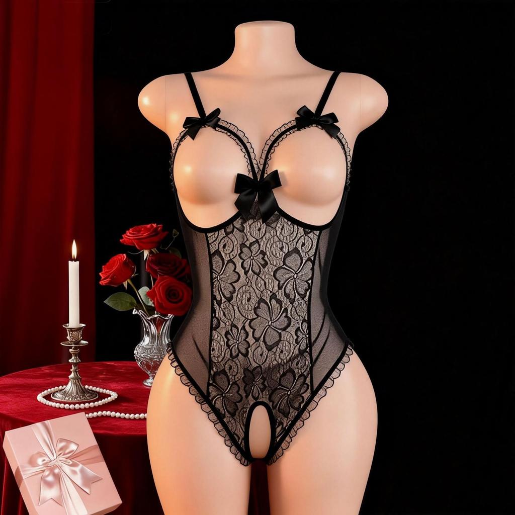 Night concubine sexy underwear leopard print lace transparent open onesie women's breasts tight temptation