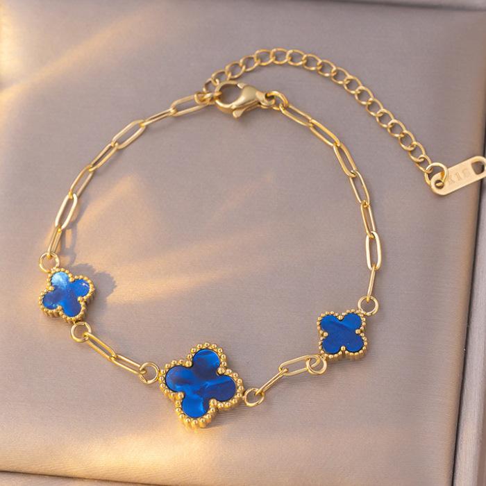 18K Light Luxury Titanium Steel Clover & Triple-Flower Bracelet with Mother-of-Pearl for Women