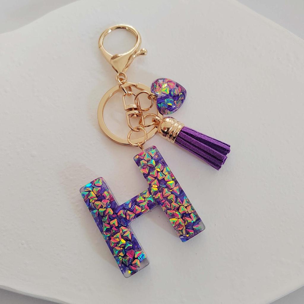 Candy Color Sequin Letter Keychain with Iridescent Heart and Tassel Charm
