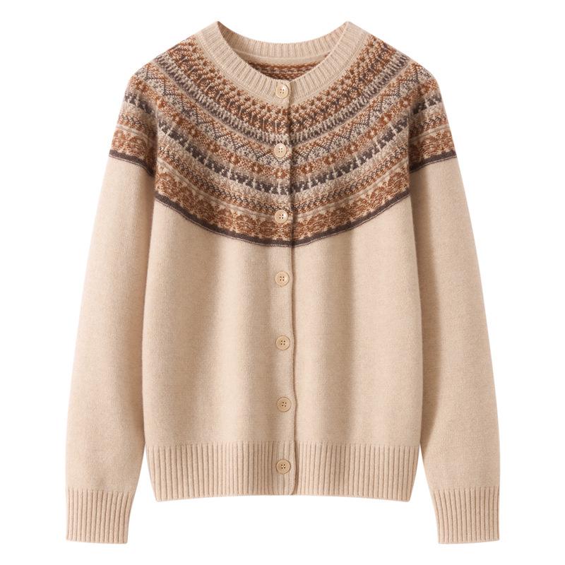 

2025 Fall/Winter Women s Round Neck 100% Pure Cashmere Fair Isle Jacquard Cardigan L
