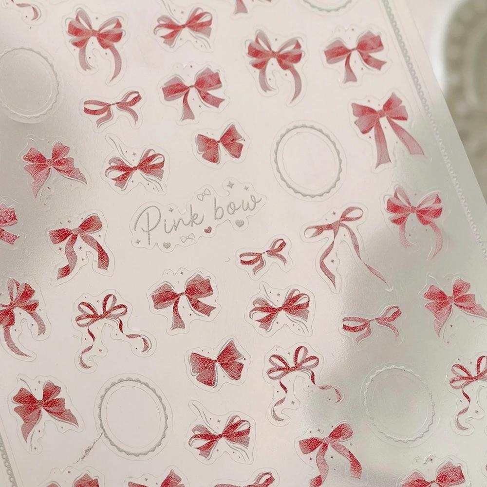 Shiny Red Bowknot Bow Tie Silk Ribbon Butterfly 5D Nail Art Sticker Pearl Rhinestones Self Adhesive Decoration Manicure Decal