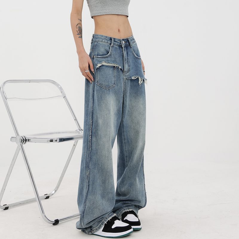 Design Sense Retro Wide Leg Jeans for Women's New High Waisted Slimming Narrow Straight Leg Floor Mop Pants