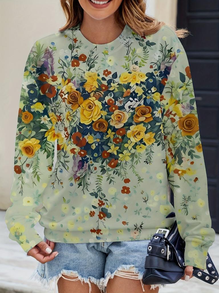 Neues Damen Buntes Schillerndes Blumenmuster Rundhals Sweatshirt Leicht Bequem Lässig Locker Übergröße Langärmliger Pullover