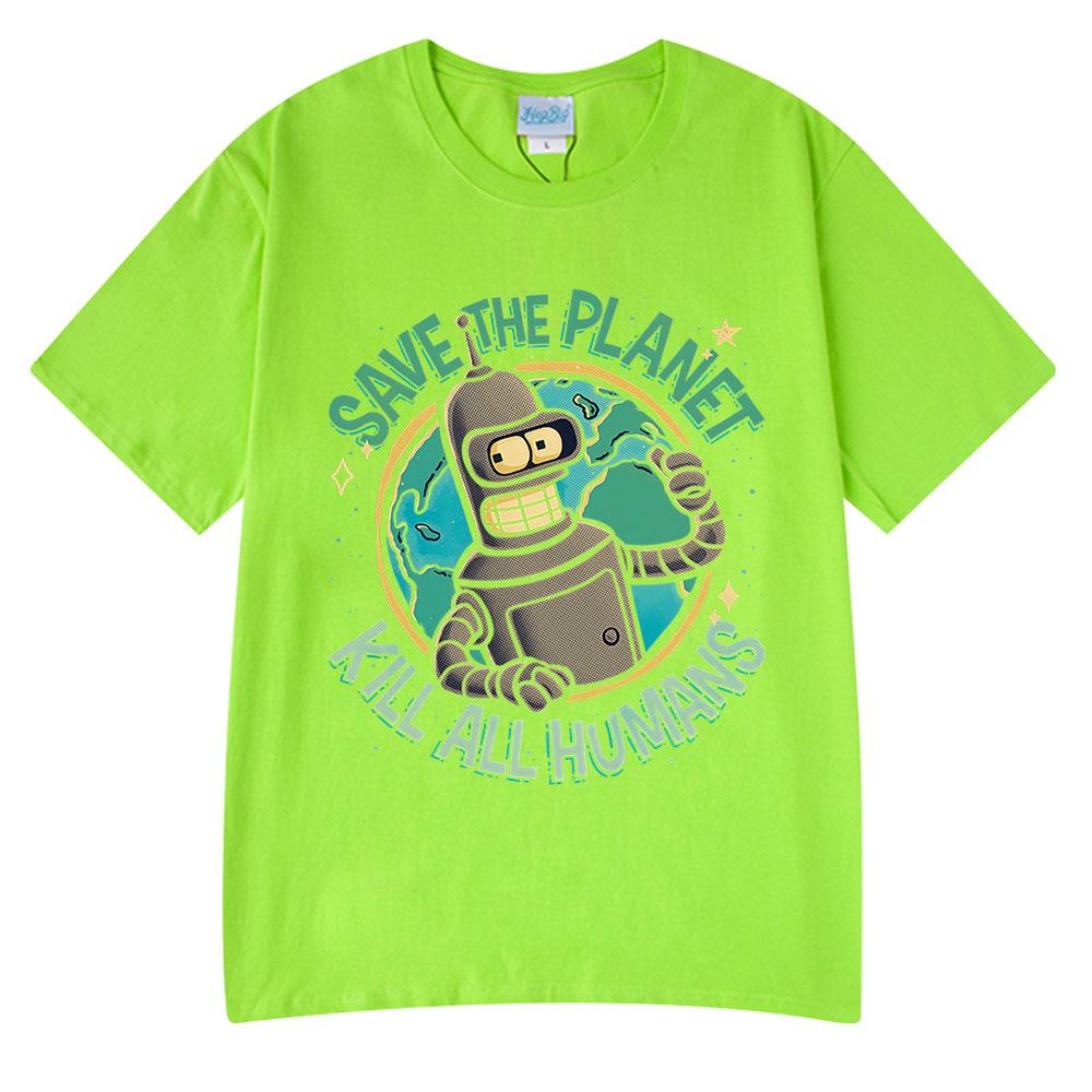 cotton t-shirt Funny Save The Planet Kill All Humans Robot Graphic Print T Shirt Men's Women Fashion Short Sleeve T-shirt Oversized Cotton Tees