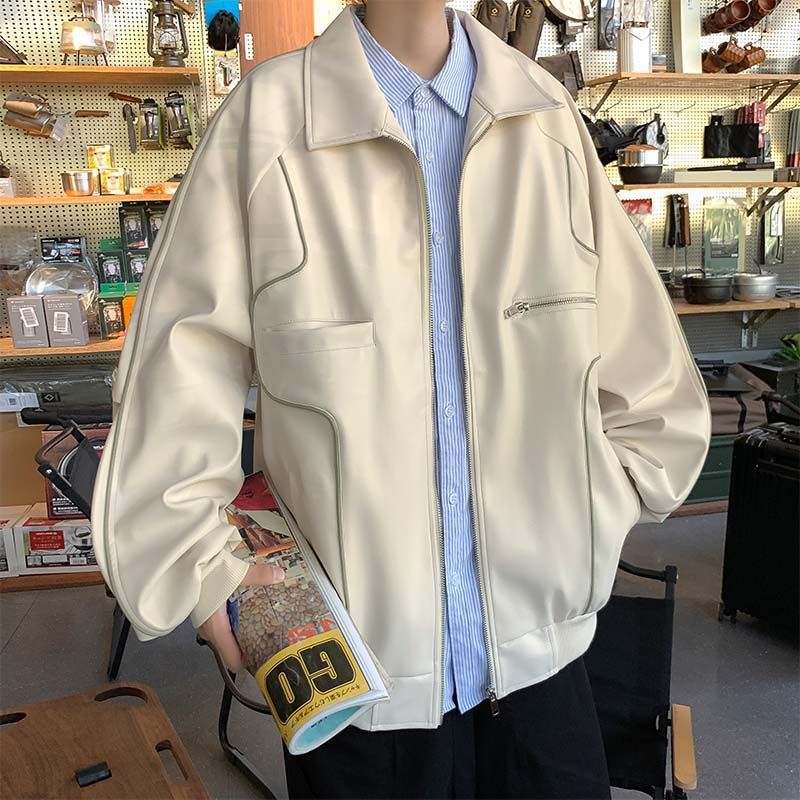 Spring and Autumn Leather Jacket Men's PU Leather Jacket Ruffian Handsome Casual Retro Locomotive Port Style Trend Handsome Trend Jacket
