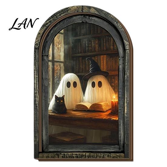 Vertical Wooden Sign Pendant Halloween Vintage Arch Sign, Gothic Spooky Ghost Wall Hanging Decor Dark Floral Print with Bracket, Rustic Aesthetic Home