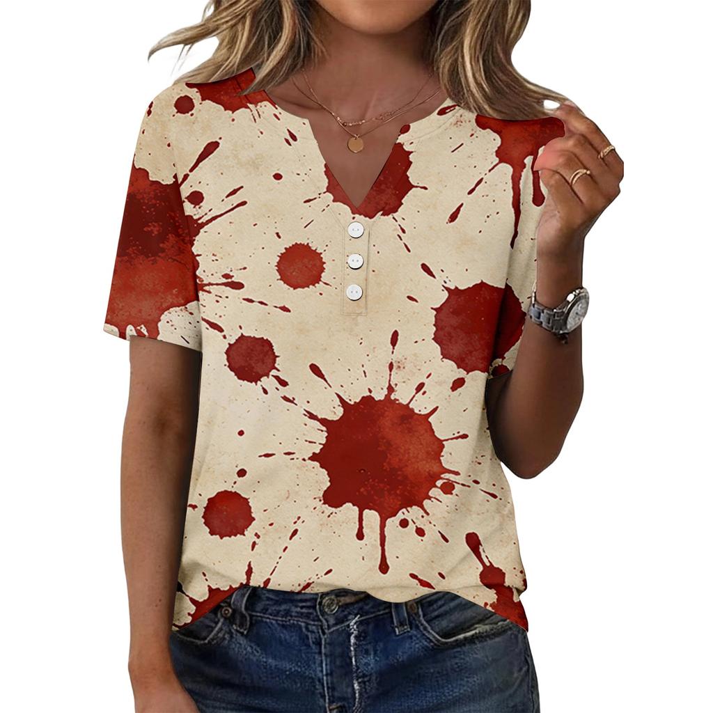 Women's Casual V Neck Short Sleeve Button T Shirt Halloween Print Top Relaxed Fit Lightweight Soft Fabric