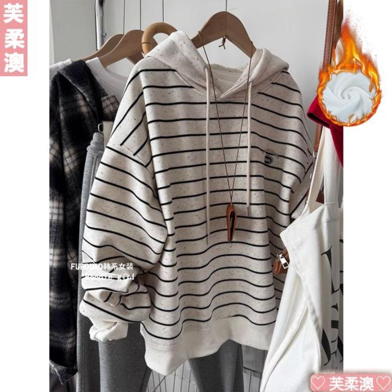 Fashion Long-sleeved Striped Sweatshirt for Women Velvet Thickened Autumn and Winter New Hooded Striped Casual Top